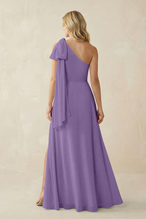 Ruffled One Shoulder Chiffon Bridesmaid Dress With Slit in Tahiti - KissProm BRIDESMAID DRESSES