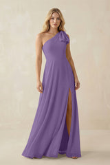Ruffled One Shoulder Chiffon Bridesmaid Dress With Slit in Tahiti - KissProm BRIDESMAID DRESSES