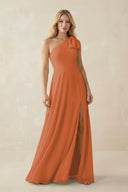 Ruffled One Shoulder Chiffon Bridesmaid Dress With Slit in Terracotta - KissProm BRIDESMAID DRESSES