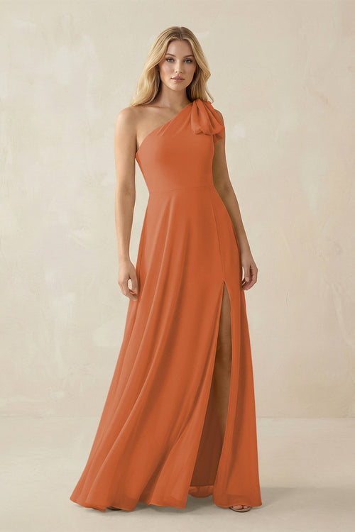 Ruffled One Shoulder Chiffon Bridesmaid Dress With Slit in Terracotta - KissProm BRIDESMAID DRESSES