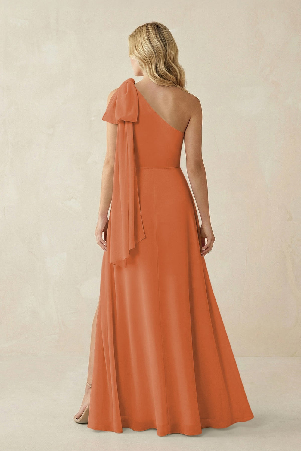 Ruffled One Shoulder Chiffon Bridesmaid Dress With Slit in Terracotta - KissProm BRIDESMAID DRESSES