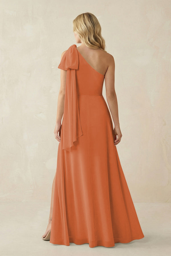 Ruffled One Shoulder Chiffon Bridesmaid Dress With Slit in Terracotta - KissProm BRIDESMAID DRESSES