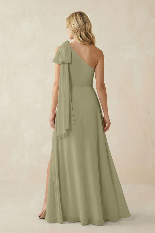 Ruffled One Shoulder Chiffon Bridesmaid Dress With Slit in Thyme - KissProm BRIDESMAID DRESSES