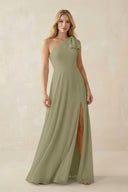 Ruffled One Shoulder Chiffon Bridesmaid Dress With Slit in Thyme - KissProm BRIDESMAID DRESSES