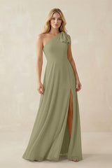 Ruffled One Shoulder Chiffon Bridesmaid Dress With Slit in Thyme - KissProm BRIDESMAID DRESSES