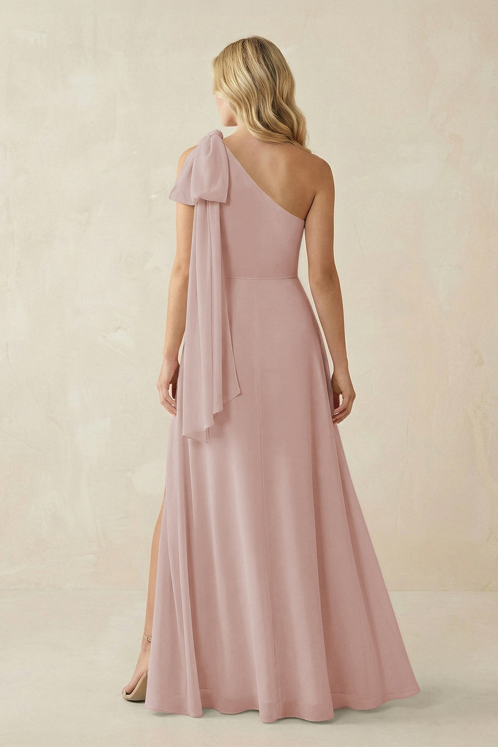 Ruffled One Shoulder Chiffon Bridesmaid Dress With Slit in Toffee - KissProm BRIDESMAID DRESSES