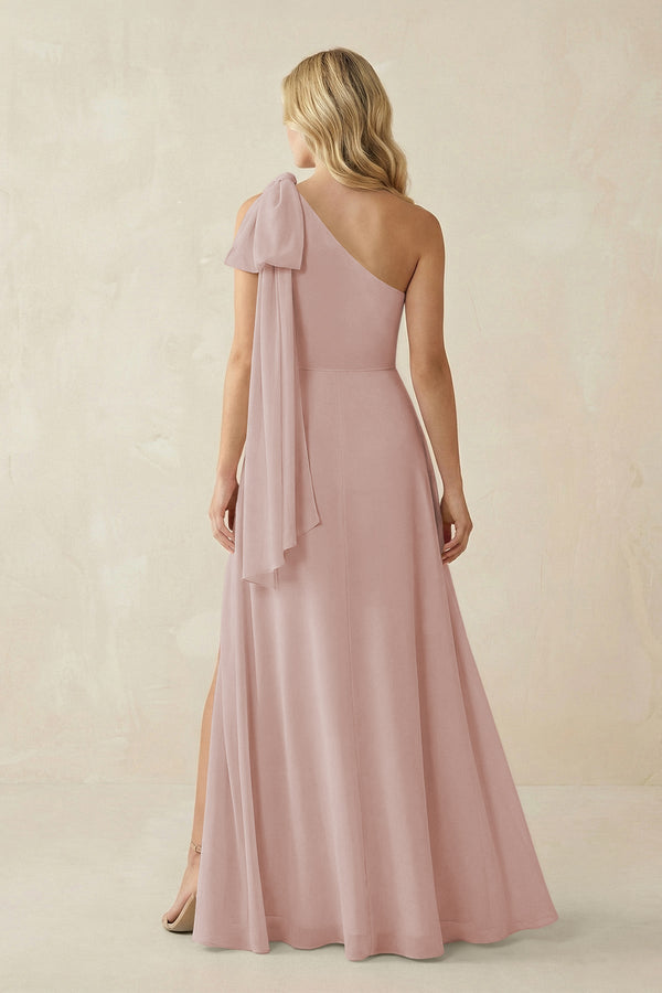 Ruffled One Shoulder Chiffon Bridesmaid Dress With Slit in Toffee - KissProm BRIDESMAID DRESSES