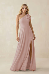 Ruffled One Shoulder Chiffon Bridesmaid Dress With Slit in Toffee - KissProm BRIDESMAID DRESSES