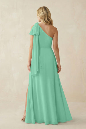Ruffled One Shoulder Chiffon Bridesmaid Dress With Slit in Turquoise - KissProm BRIDESMAID DRESSES