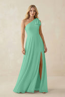 Ruffled One Shoulder Chiffon Bridesmaid Dress With Slit in Turquoise - KissProm BRIDESMAID DRESSES