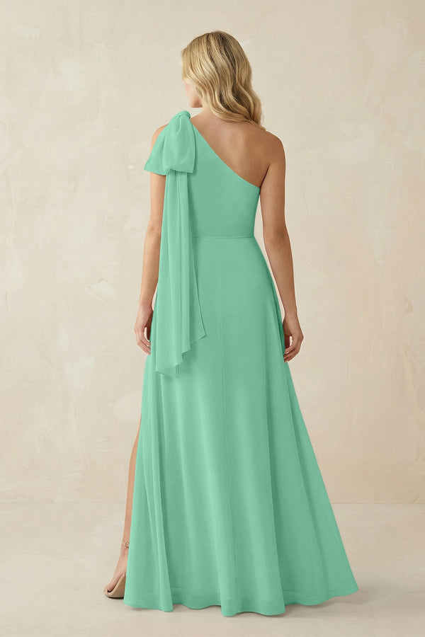 Ruffled One Shoulder Chiffon Bridesmaid Dress With Slit in Turquoise - KissProm BRIDESMAID DRESSES