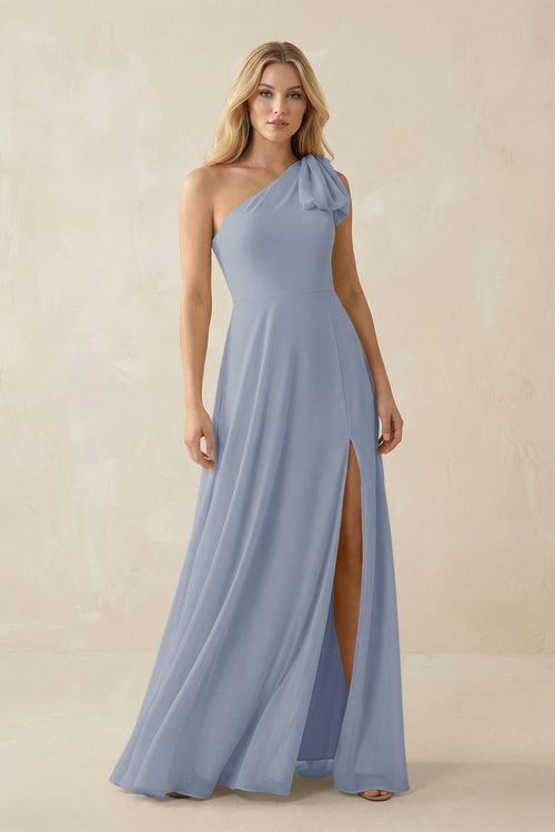 Ruffled One Shoulder Chiffon Bridesmaid Dress With Slit in Twilight - KissProm BRIDESMAID DRESSES