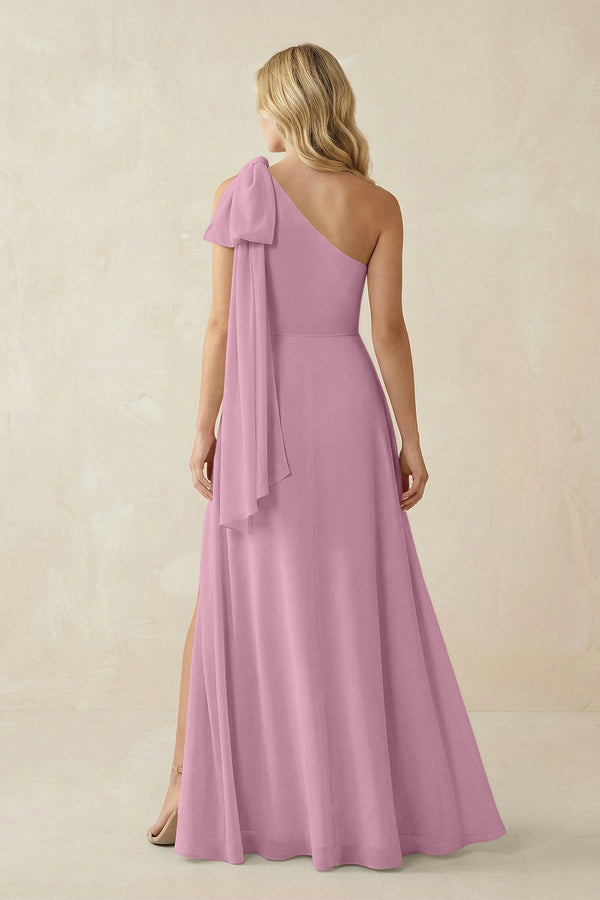 Ruffled One Shoulder Chiffon Bridesmaid Dress With Slit in Vintage Mauve - KissProm BRIDESMAID DRESSES