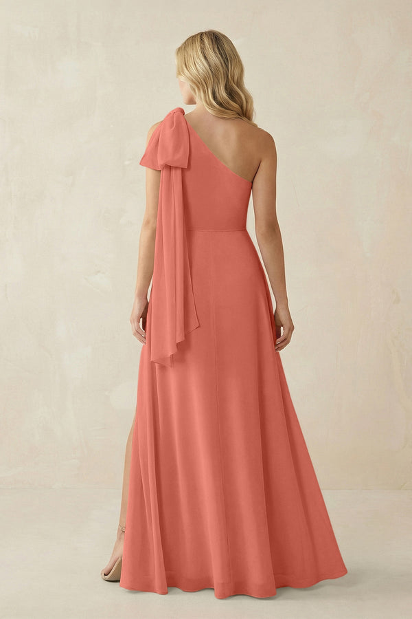 Ruffled One Shoulder Chiffon Bridesmaid Dress With Slit in Wild Rose - KissProm BRIDESMAID DRESSES