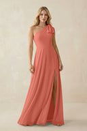 Ruffled One Shoulder Chiffon Bridesmaid Dress With Slit in Wild Rose - KissProm BRIDESMAID DRESSES
