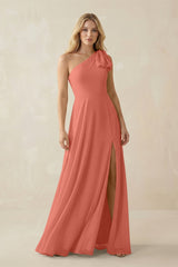 Ruffled One Shoulder Chiffon Bridesmaid Dress With Slit in Wild Rose - KissProm BRIDESMAID DRESSES