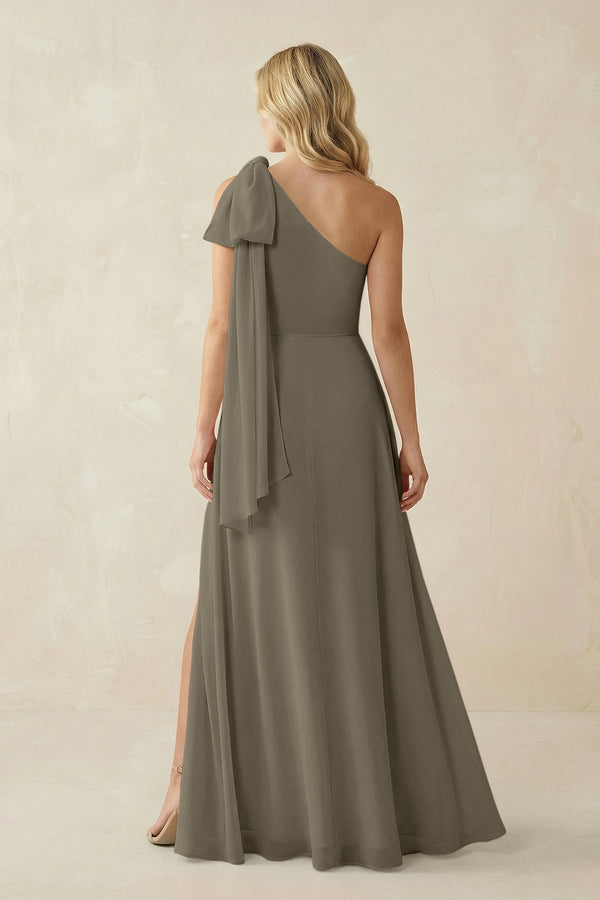 Ruffled One Shoulder Chiffon Bridesmaid Dress With Slit in Willow Green - KissProm BRIDESMAID DRESSES