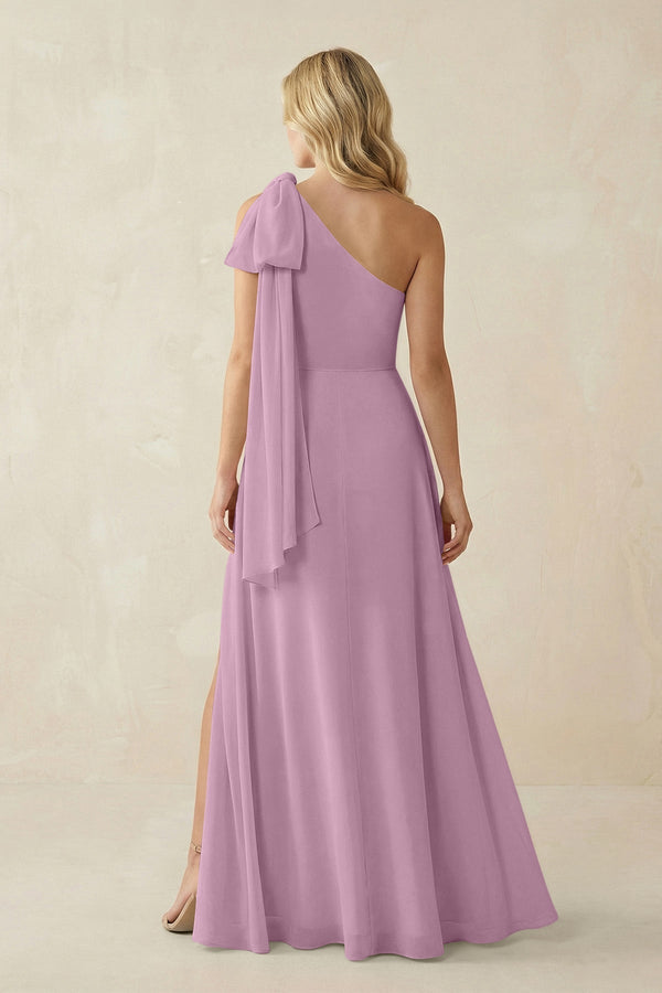 Ruffled One Shoulder Chiffon Bridesmaid Dress With Slit in Wisteria - KissProm BRIDESMAID DRESSES