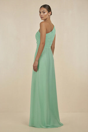 Ruffled One-Shoulder Pleated Sheath Bridesmaid Dress in Pale Pistachio - KissProm BRIDESMAID DRESSES