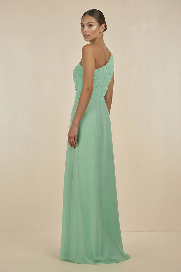 Ruffled One-Shoulder Pleated Sheath Bridesmaid Dress in Pale Pistachio - KissProm BRIDESMAID DRESSES