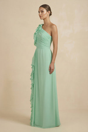 Ruffled One-Shoulder Pleated Sheath Bridesmaid Dress in Pale Pistachio - KissProm BRIDESMAID DRESSES