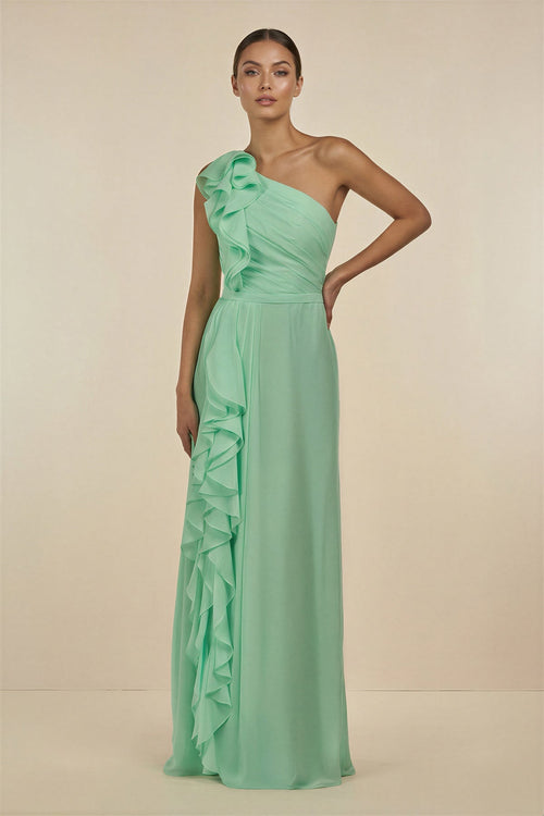 Ruffled One-Shoulder Pleated Sheath Bridesmaid Dress in Pale Pistachio - KissProm BRIDESMAID DRESSES