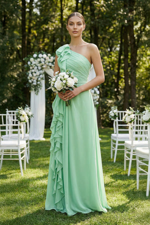 Ruffled One-Shoulder Pleated Sheath Bridesmaid Dress in Pale Pistachio - KissProm BRIDESMAID DRESSES
