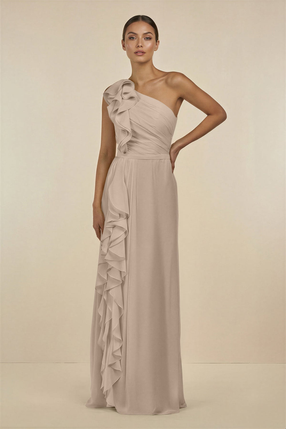 Ruffled One - Shoulder Pleated Sheath Bridesmaid Dress in Almond - KissProm Bridesmaid Dresses