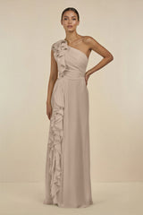 Ruffled One - Shoulder Pleated Sheath Bridesmaid Dress in Almond - KissProm Bridesmaid Dresses