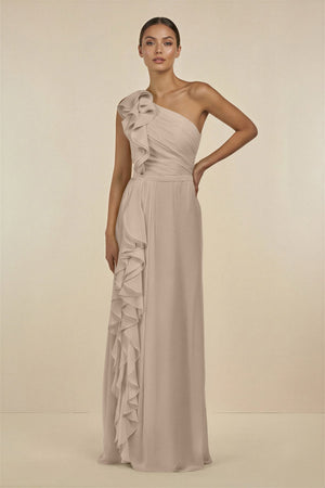 Ruffled One - Shoulder Pleated Sheath Bridesmaid Dress in Almond - KissProm Bridesmaid Dresses