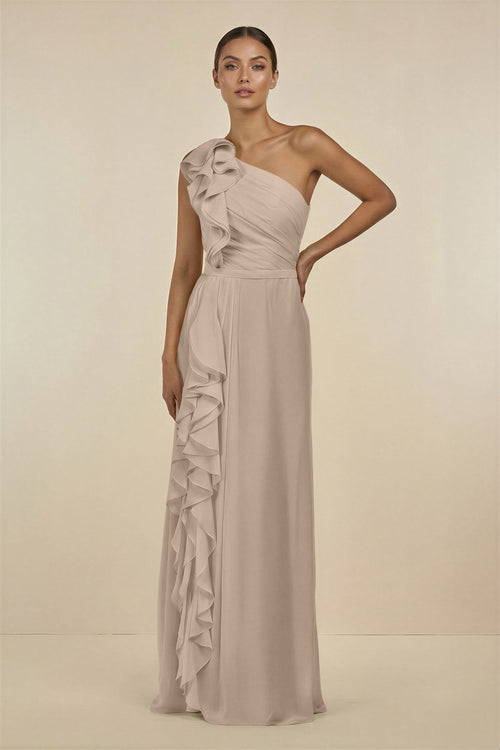 Ruffled One - Shoulder Pleated Sheath Bridesmaid Dress in Almond - KissProm Bridesmaid Dresses