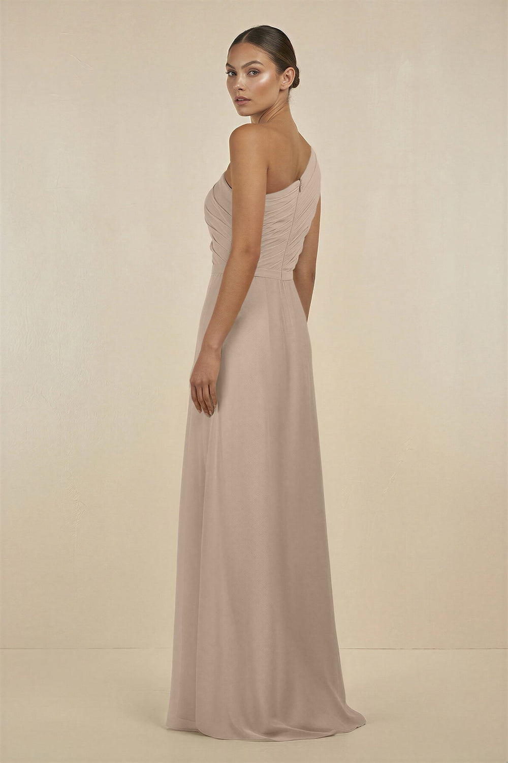 Ruffled One - Shoulder Pleated Sheath Bridesmaid Dress in Almond - KissProm Bridesmaid Dresses