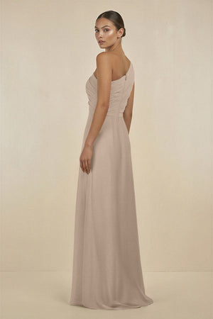 Ruffled One - Shoulder Pleated Sheath Bridesmaid Dress in Almond - KissProm Bridesmaid Dresses