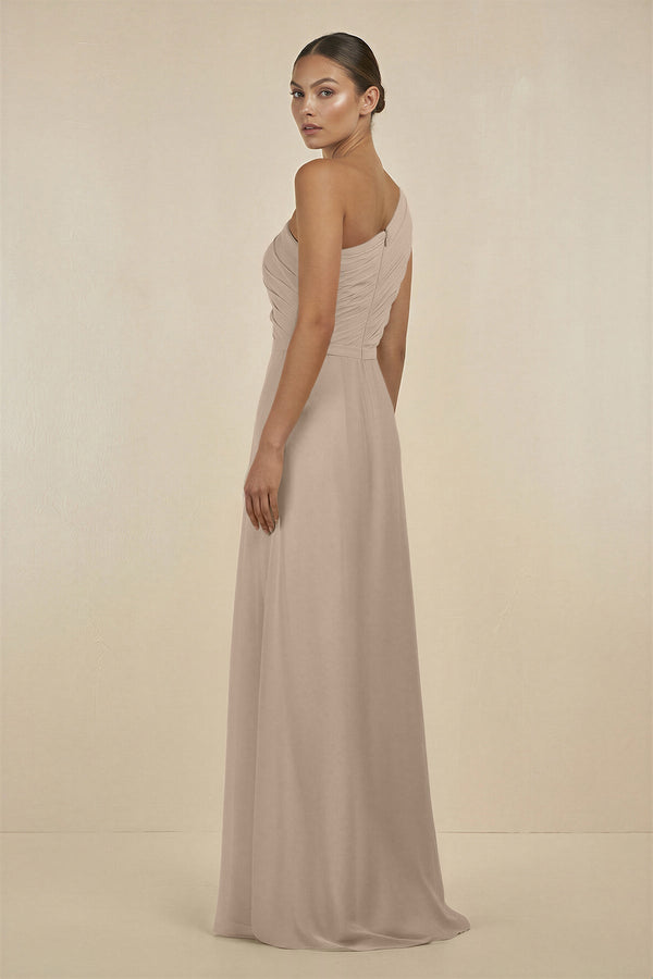 Ruffled One - Shoulder Pleated Sheath Bridesmaid Dress in Almond - KissProm Bridesmaid Dresses