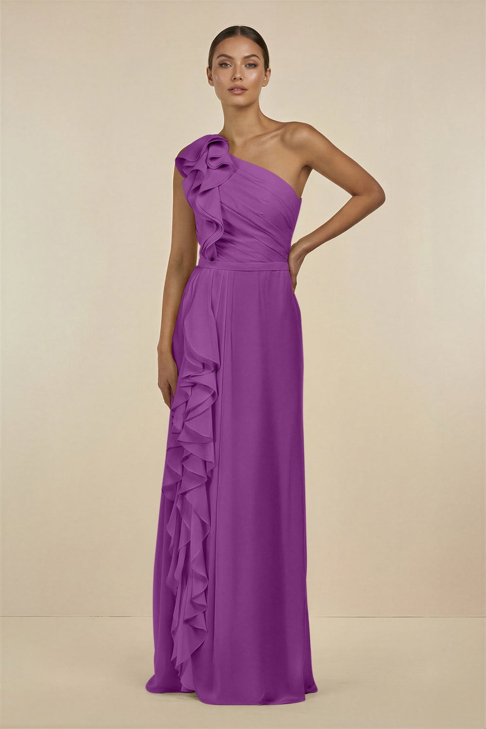 Ruffled One - Shoulder Pleated Sheath Bridesmaid Dress in Amethyst - KissProm Bridesmaid Dresses