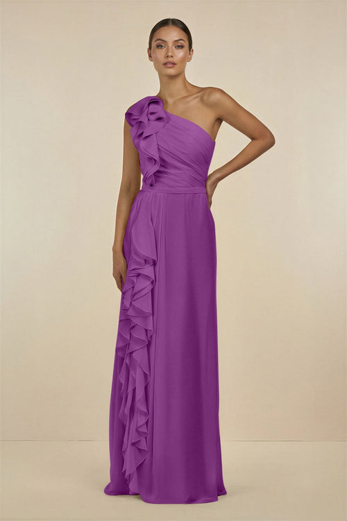 Ruffled One - Shoulder Pleated Sheath Bridesmaid Dress in Amethyst - KissProm Bridesmaid Dresses