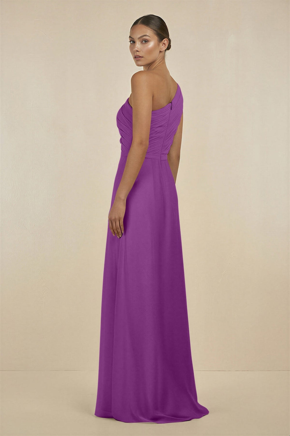 Ruffled One - Shoulder Pleated Sheath Bridesmaid Dress in Amethyst - KissProm Bridesmaid Dresses