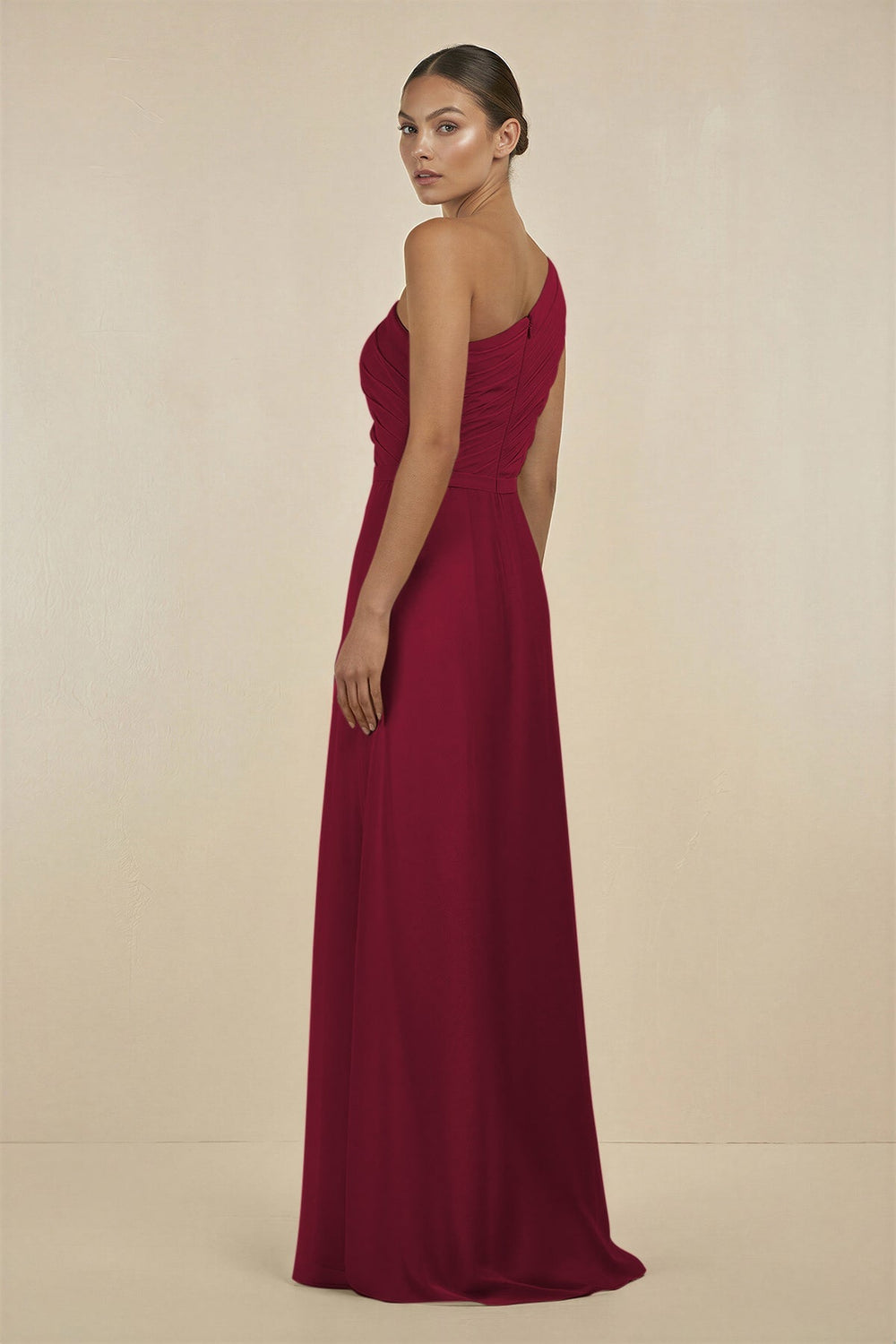 Ruffled One - Shoulder Pleated Sheath Bridesmaid Dress in Berry - KissProm Bridesmaid Dresses
