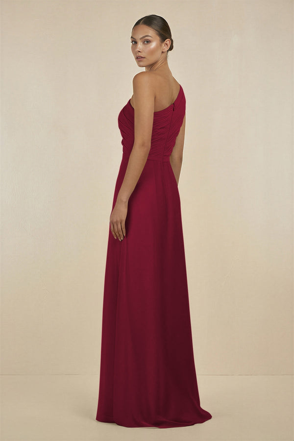Ruffled One - Shoulder Pleated Sheath Bridesmaid Dress in Berry - KissProm Bridesmaid Dresses