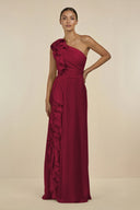 Ruffled One - Shoulder Pleated Sheath Bridesmaid Dress in Berry - KissProm Bridesmaid Dresses