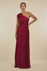 Ruffled One - Shoulder Pleated Sheath Bridesmaid Dress in Berry - KissProm Bridesmaid Dresses