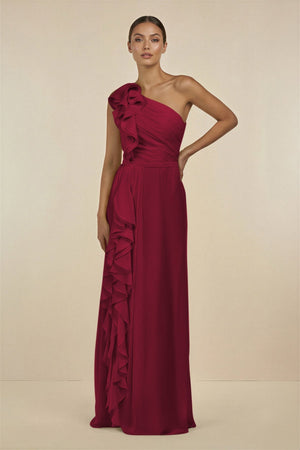 Ruffled One - Shoulder Pleated Sheath Bridesmaid Dress in Berry - KissProm Bridesmaid Dresses