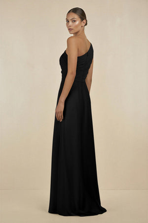 Ruffled One - Shoulder Pleated Sheath Bridesmaid Dress in Black - KissProm Bridesmaid Dresses