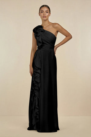 Ruffled One - Shoulder Pleated Sheath Bridesmaid Dress in Black - KissProm Bridesmaid Dresses