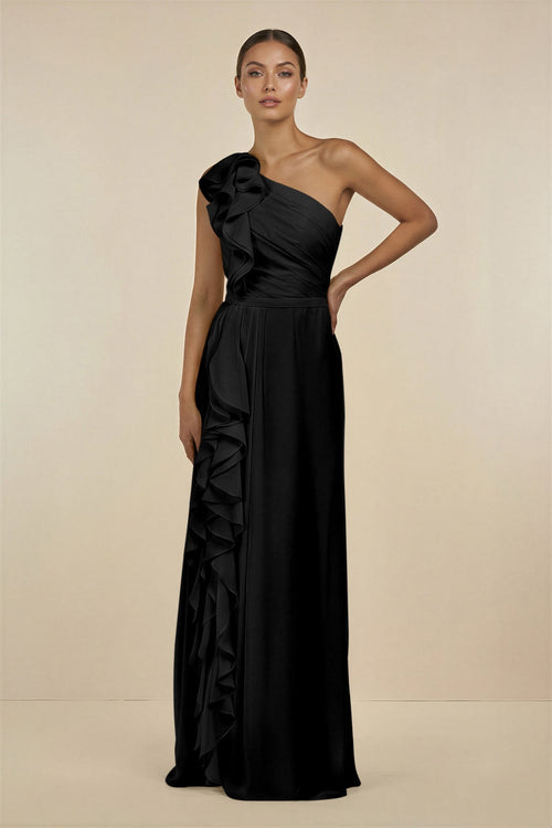 Ruffled One - Shoulder Pleated Sheath Bridesmaid Dress in Black - KissProm Bridesmaid Dresses