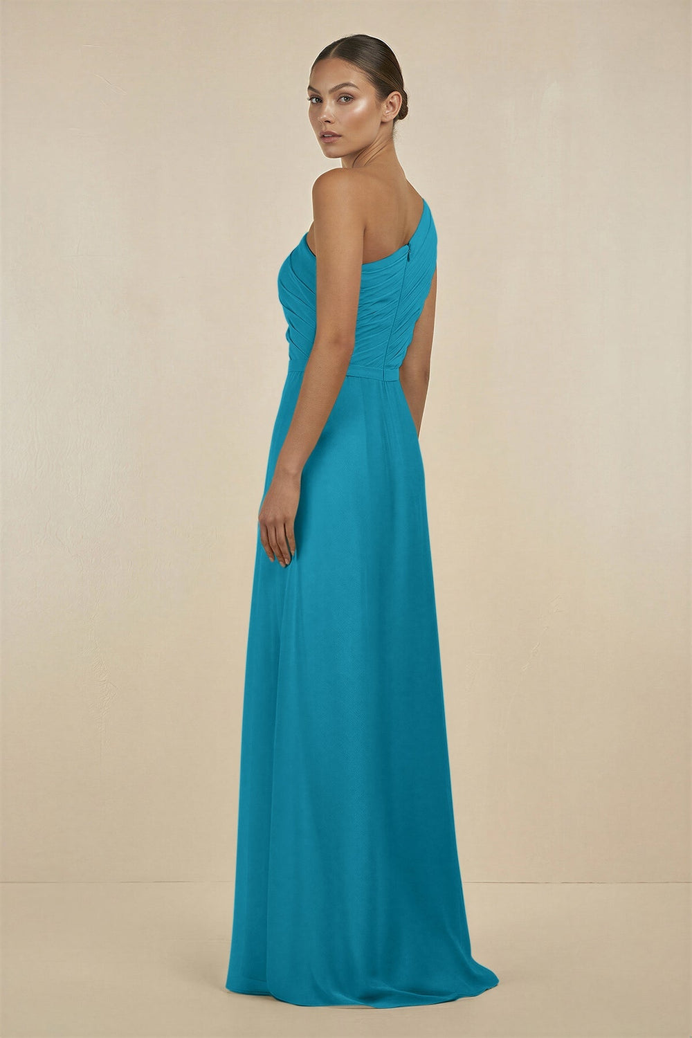 Ruffled One - Shoulder Pleated Sheath Bridesmaid Dress in Blue Jay - KissProm Bridesmaid Dresses