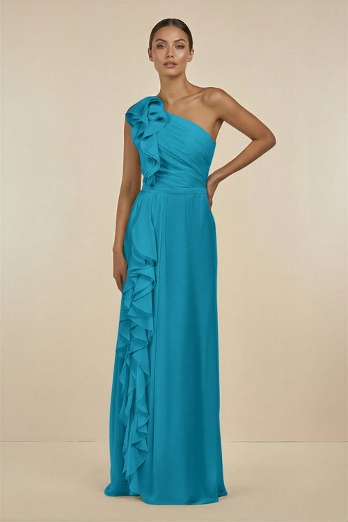 Ruffled One - Shoulder Pleated Sheath Bridesmaid Dress in Blue Jay - KissProm Bridesmaid Dresses