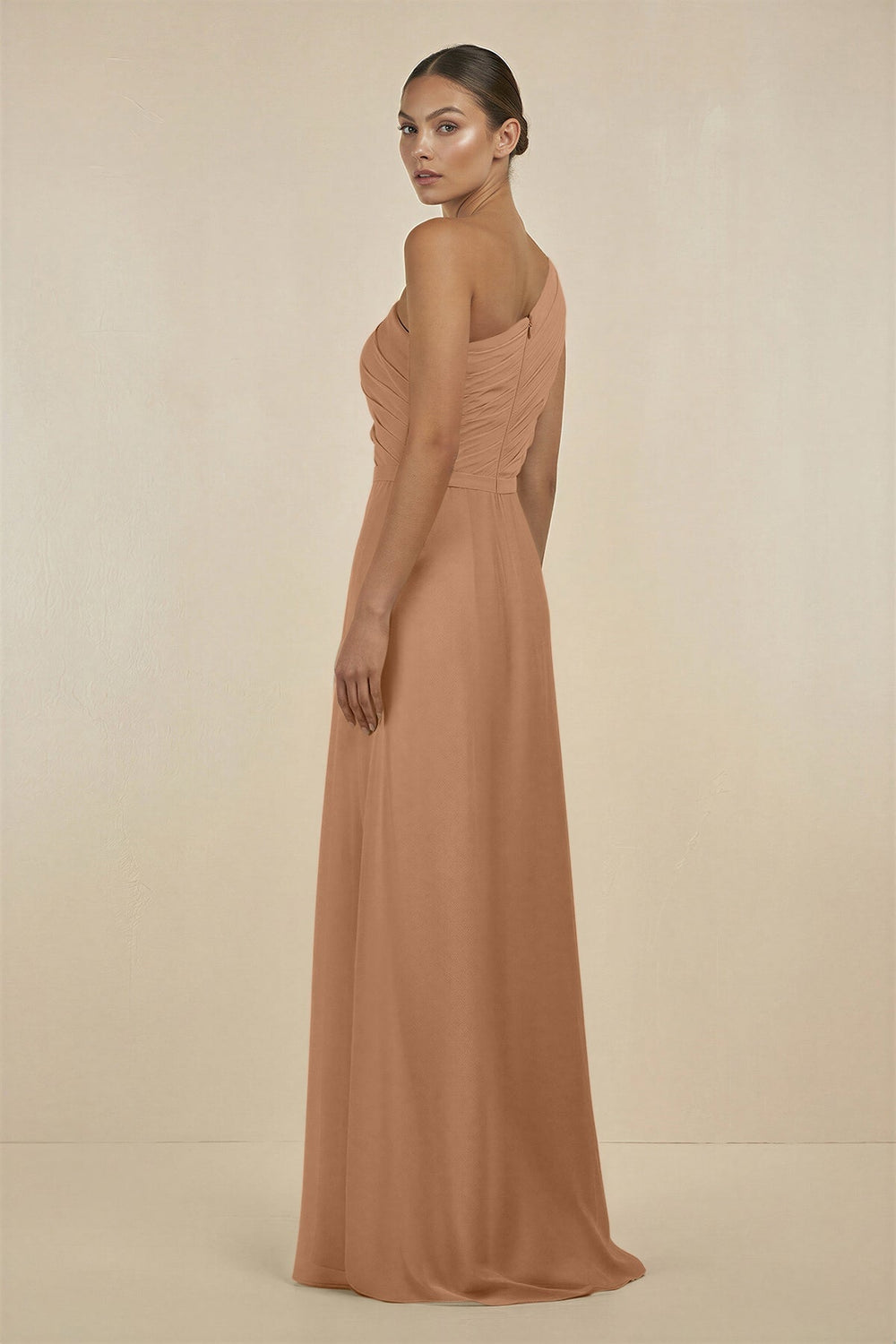 Ruffled One - Shoulder Pleated Sheath Bridesmaid Dress in Bronzer - KissProm Bridesmaid Dresses
