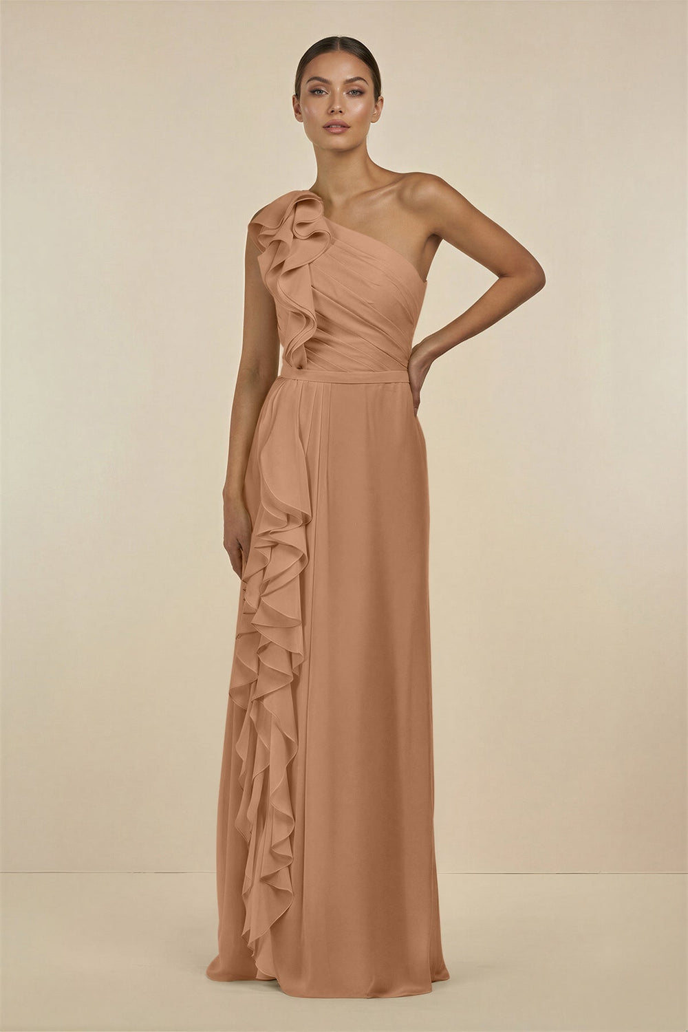 Ruffled One - Shoulder Pleated Sheath Bridesmaid Dress in Bronzer - KissProm Bridesmaid Dresses
