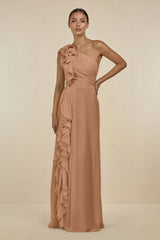 Ruffled One - Shoulder Pleated Sheath Bridesmaid Dress in Bronzer - KissProm Bridesmaid Dresses
